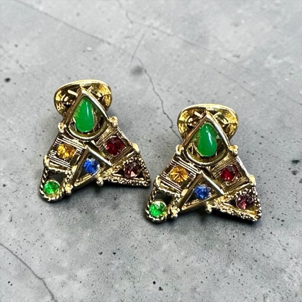Triangle Clip On Earrings Gold Tone Multi Color Rhinestones Vintage